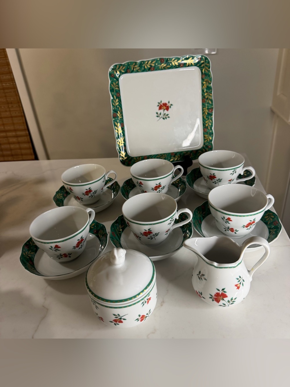 Isabelle de Borchgrave green-Trim Floral Porcelain Tea Set, cups, creamer, sugar